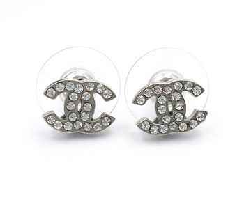 CHANEL Classic Silver CC Crystal Small Piercing Earrings