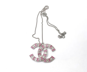 CHANEL Silver CC Pink Baguette Crystal Large Pendant Necklace