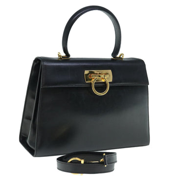 SALVATORE FERRAGAMO Gancini Hand Bag Leather 2way Black Auth th4485