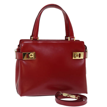 SALVATORE FERRAGAMO Gancini Hand Bag Leather 2way Red Auth th4761