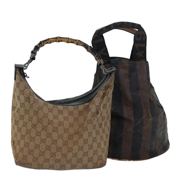 FENDI Gucci Bamboo GG Canvas Pecan Canvas Hand Bag 2Set Beige Black Auth ti1766