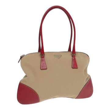 PRADA Hand Bag Canvas Leather Beige Red Silver Auth ti1956