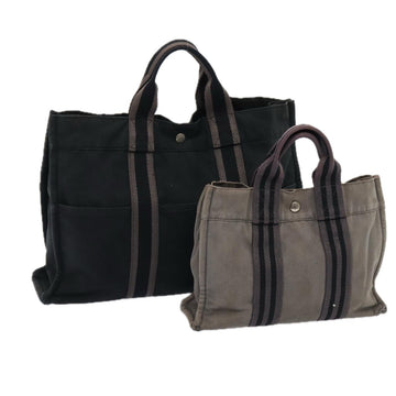 HERMES Fourre Tout Hand Bag Canvas 2Set Black Gray Auth ti1975