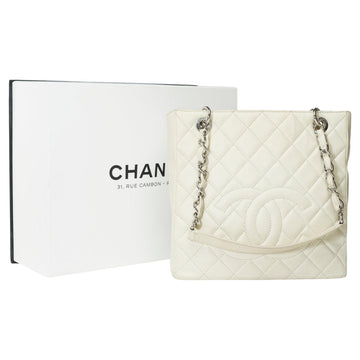 CHANEL Petit Shopping Tote bag [PST] in Off-White Caviar quilted leather, SHW