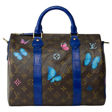 LOUIS VUITTON Customized Speedy 30 handbag Butterfly with Blue Crocodile leather