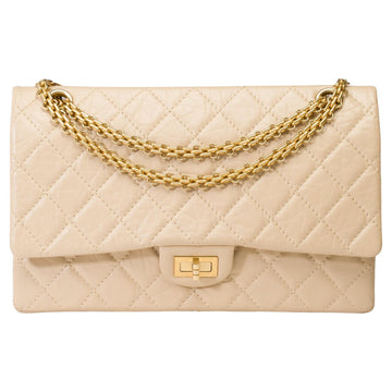 CHANEL Iconic 2.55 double flap shoulder bag in quilted beige leather, GHW