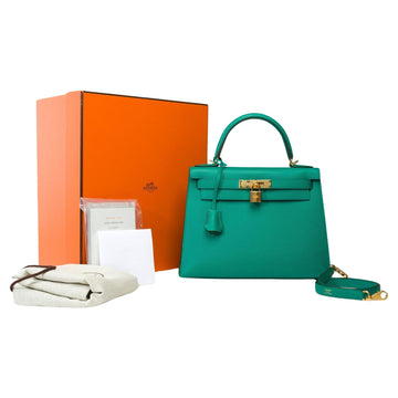 HERMES New Kelly 28 sellier handbag strap in Vert Jade Epsom leather, GHW