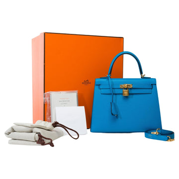 HERMES Amazing Kelly 25 handbag strap in Blue Frida Epsom calf leather, GHW