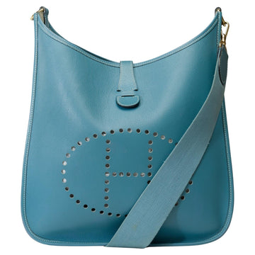 HERMES Evelyne GM shoulder bag in Courchevel Blue Jean leather, GHW