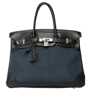 HERMES Rare Ghillies Birkin 35 handbag in Navy Blue Canvas & leather, BSHW