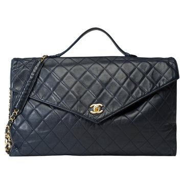 CHANEL Classy vintage Briefcase in Navy blue quilted lambskin leather, GHW