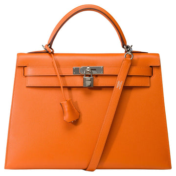 HERMES Bright Kelly 32 sellier handbag strap in Orange Epsom calf leather, SHW