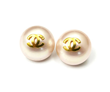 CHANEL Vintage Gold Plated CC Pink Gumball Pearl Clip on Earrings