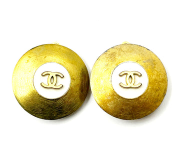 CHANEL Gold Plated CC White Disc Clip On Earrings