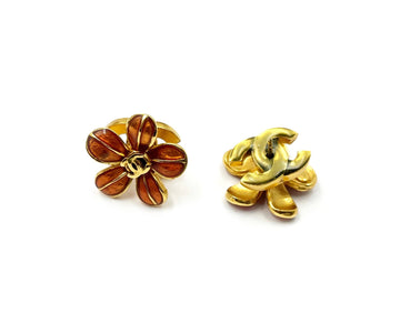 CHANEL Vintage Gold Red Flower Green CC Double Face Piercing Earrings