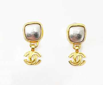 CHANEL Vintage Gold Plated Square Silver Stone CC Clip on Earrings