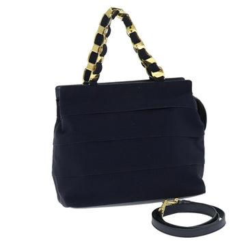 SALVATORE FERRAGAMO Chain Hand Bag Canvas 2way Navy Auth yk12217