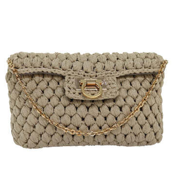 SALVATORE FERRAGAMO Gancini Chain Hand Bag Canvas Gold Tone Auth yk12890A