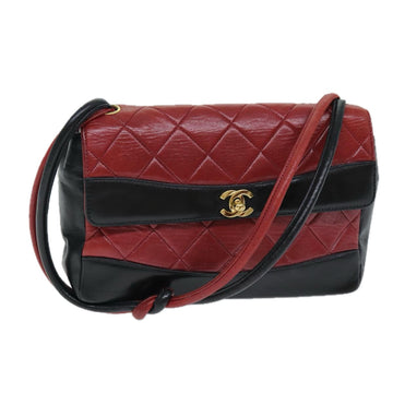 CHANEL Matelasse Turn Lock Shoulder Bag Lamb Skin Black Red CC Auth yk13361