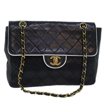 CHANEL Matelasse Turn Lock Chain Bag Lamb Skin Black White CC Auth yk13824