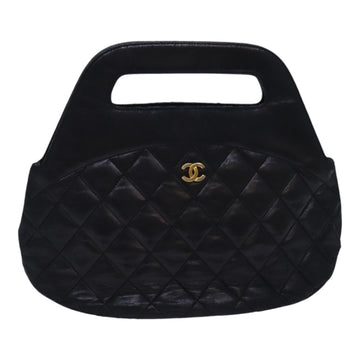 CHANEL Matelasse COCO Mark Hand Bag Lamb Skin Black Gold CC Auth yk14149