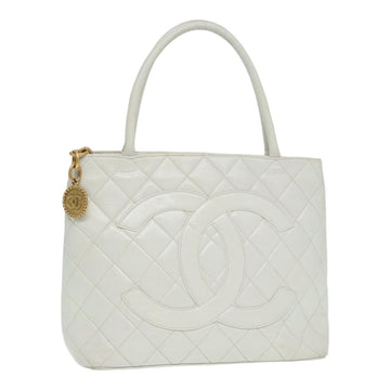 CHANEL Matelasse Tote Bag Leather Standard White Gold CC Auth yk14200