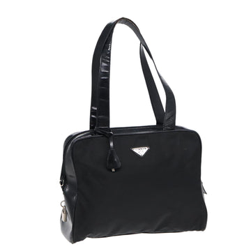 PRADA Tote Bag Nylon Leather Black Silver Auth yk14201