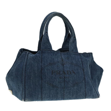 PRADA Canapa MM Hand Bag Denim Blue Gold Auth yk14385