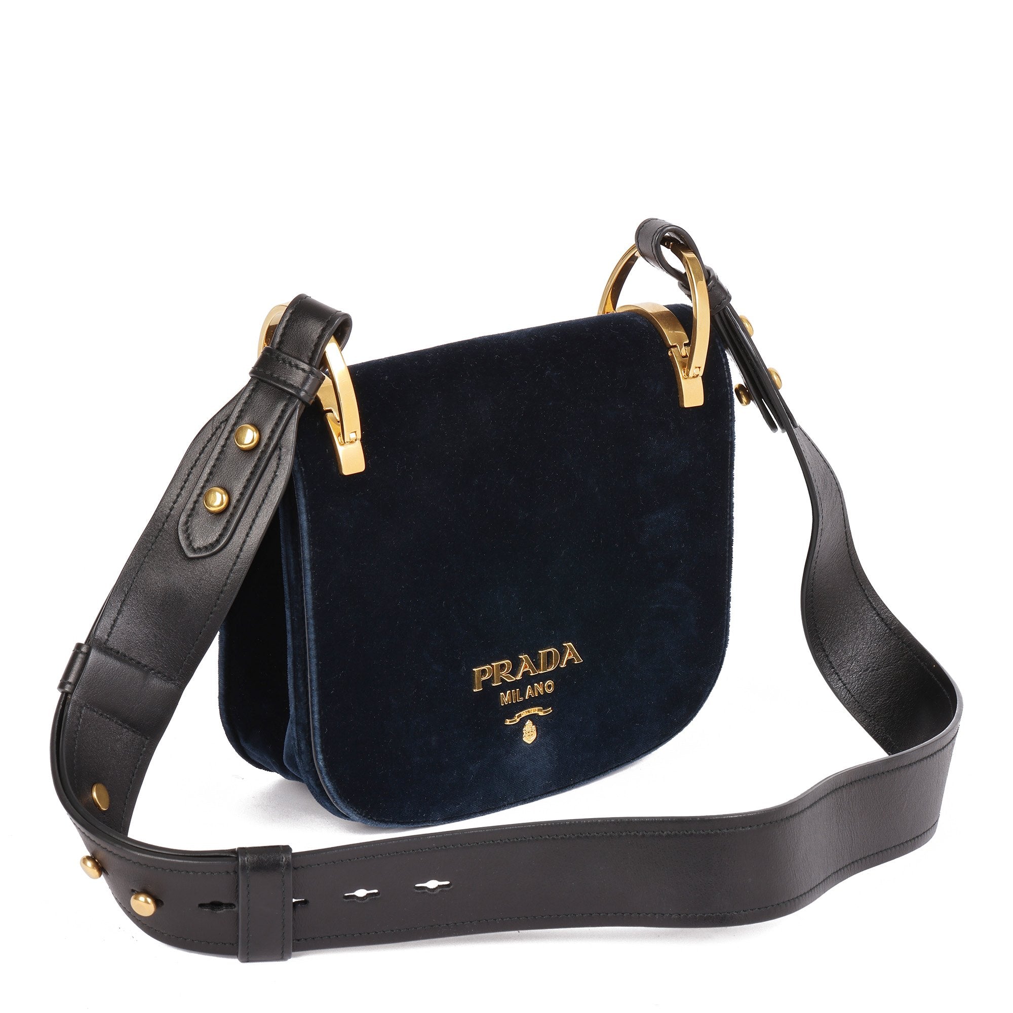 Prada Dark Blue Velvet Black Calfskin Leather Pionniere Shoulder Bag