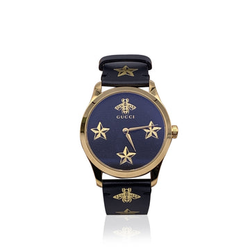 GUCCI Gold Black Leather G-Timeless 126.4 Wrist Watch Bee And Stars