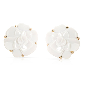 CHANEL Camelia White Agate Flower Earrings in 18K Yellow Gold