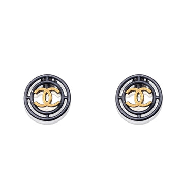 CHANEL Vintage Gold Metal Gunmetal Round Cc Logo Clip On Earrings