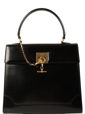 CELINE Chain Lock Logo Plate Top Handle Bag Black