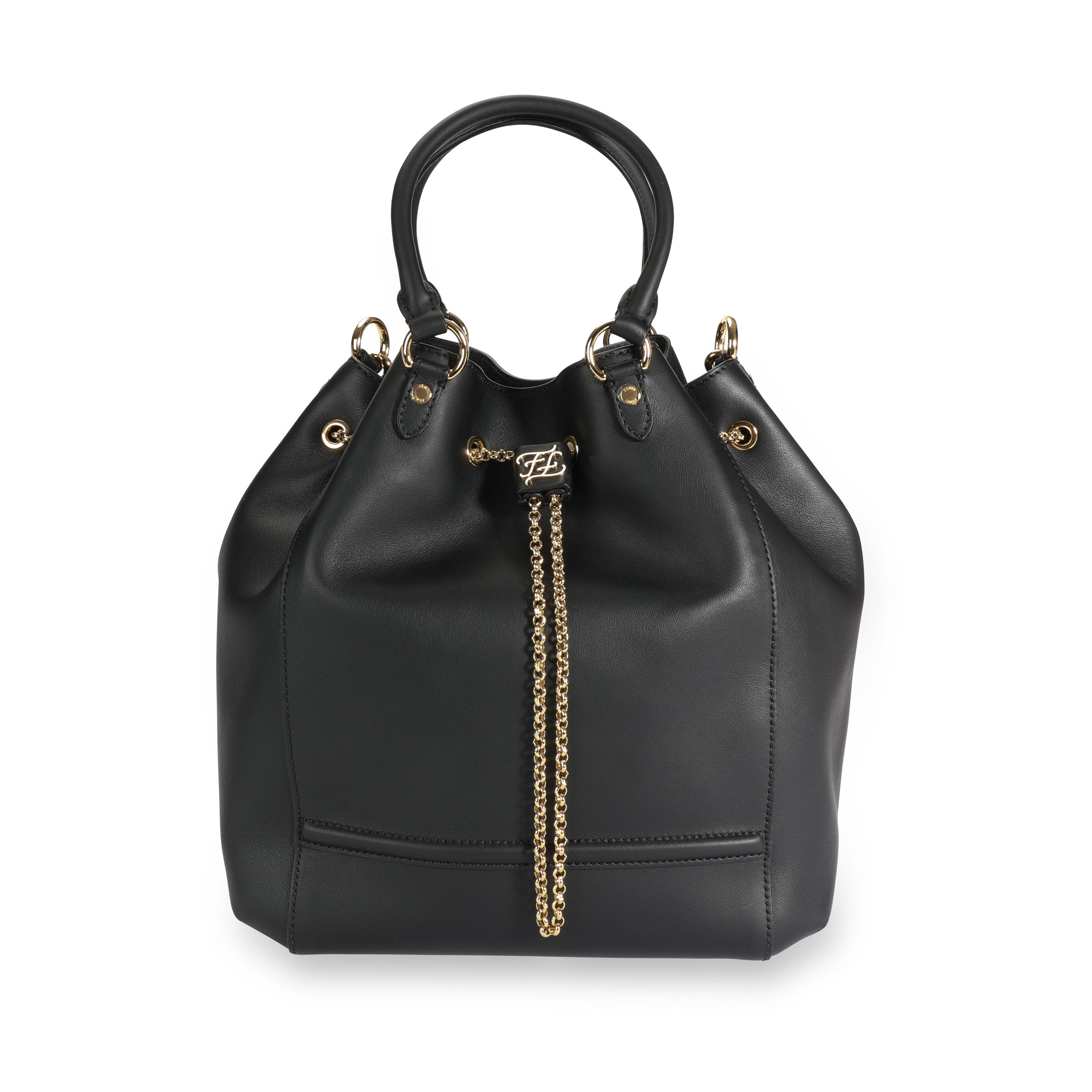 FENDI Black Vitello Leather Karligraphy Chain Bucket Bag