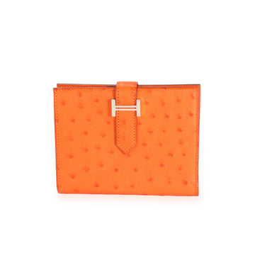 HERMES Tangerine Ostrich Compact Bearn Wallet PHW