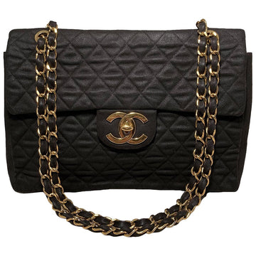 CHANEL Vintage Black Denim Maxi Classic Flap Shoulder Bag