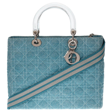 Lady Dior large model in blue denim shoulder bag with strap, silver hardware