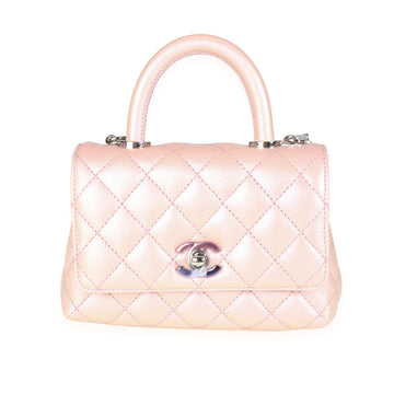 CHANEL Iridescent Pink Quilted Caviar Coco Top Handle Extra Mini Flap Bag