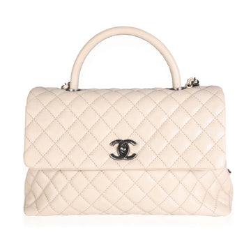 CHANEL Light Beige Quilted Caviar Large Coco Top Handle Flap Bag