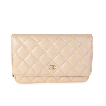 CHANEL Metallic Beige Quilted Caviar Wallet on Chain