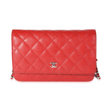 CHANEL Red Quilted Caviar Wallet on Chain