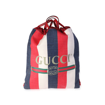 GUCCI Red, White & Blue Striped Canvas Sylvie Drawstring Backpack Tote