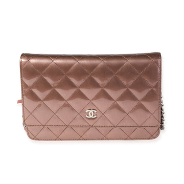 CHANEL Bronze Vertical Stripe Quilted Patent Leather Wallet On Chain