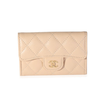 CHANEL Beige Quilted Caviar Flap Card Holder Wallet