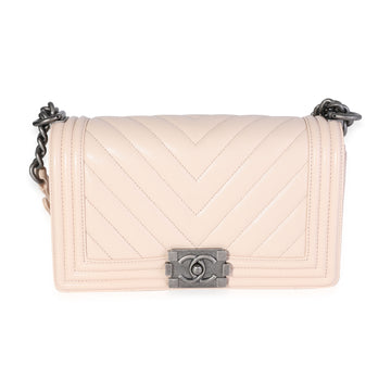 CHANEL Beige Chevron Quilted Caviar Old Medium Boy Bag