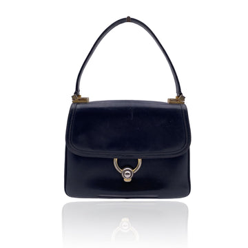 GUCCI Vintage Navy Blue Leather Flap Handbag Top Handle Bag
