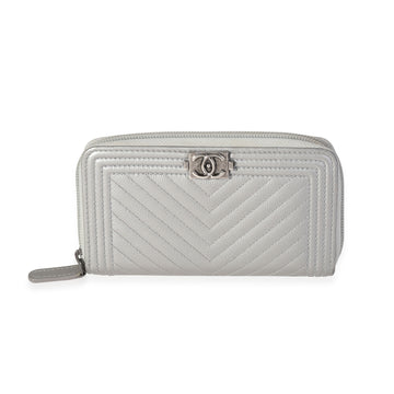 CHANEL Silver Chevron Quilted Zip-Around Boy Wallet