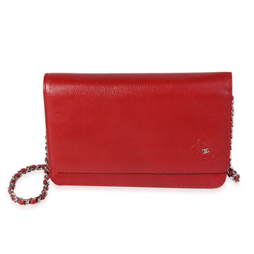 CHANEL Red Grained Leather Camellia Wallet On Chain