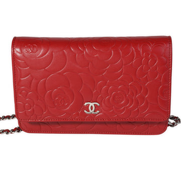 CHANEL Red Camellia-Embossed Leather Wallet on Chain