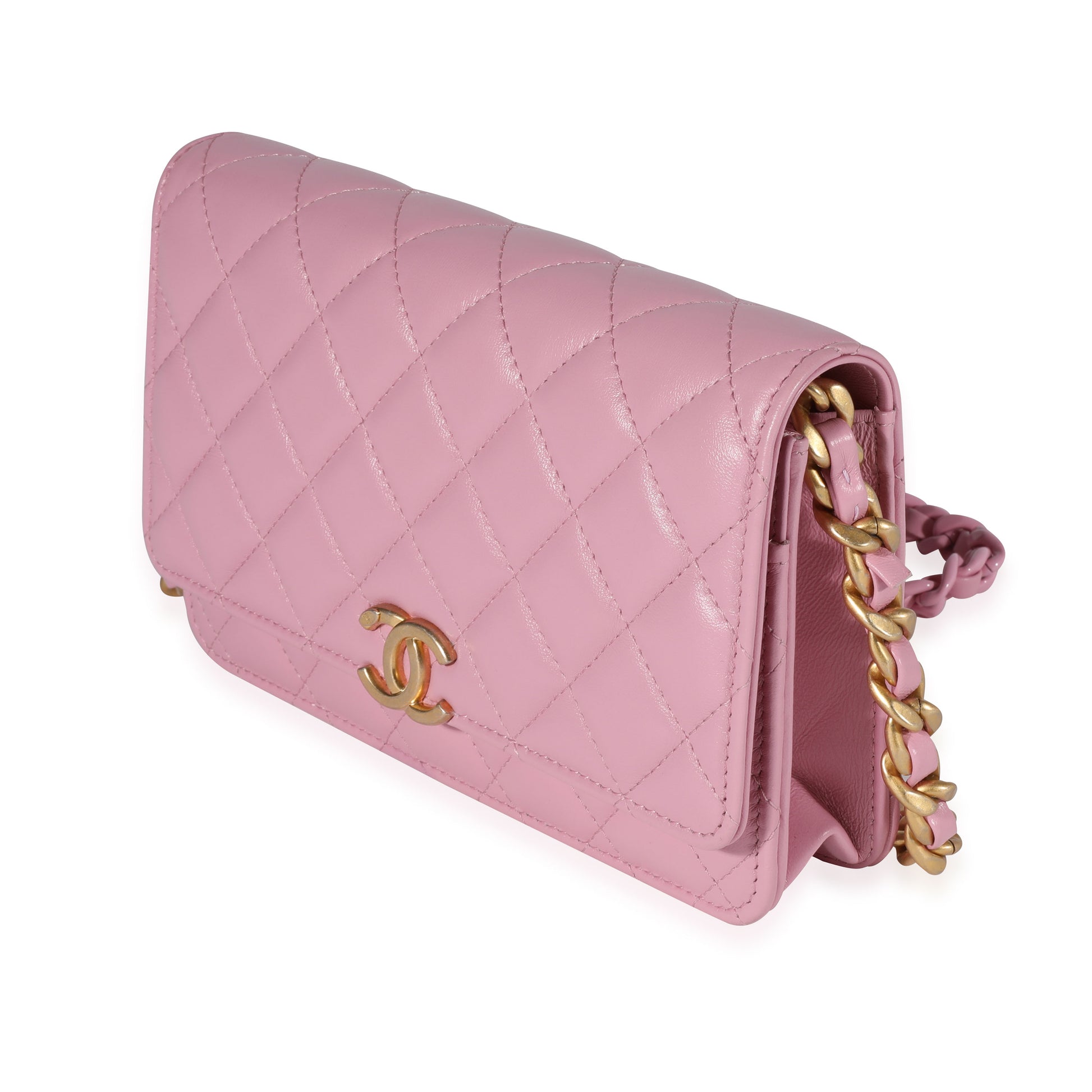 Chanel Pink Lambskin Quilted Pick Me Up Wallet On Chain With Chain